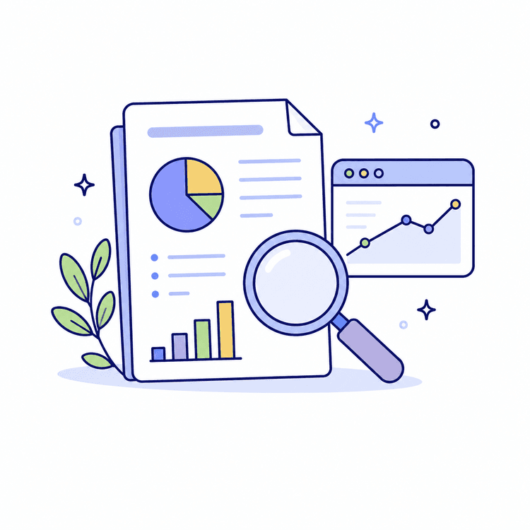 Research report illustration with charts and magnifier